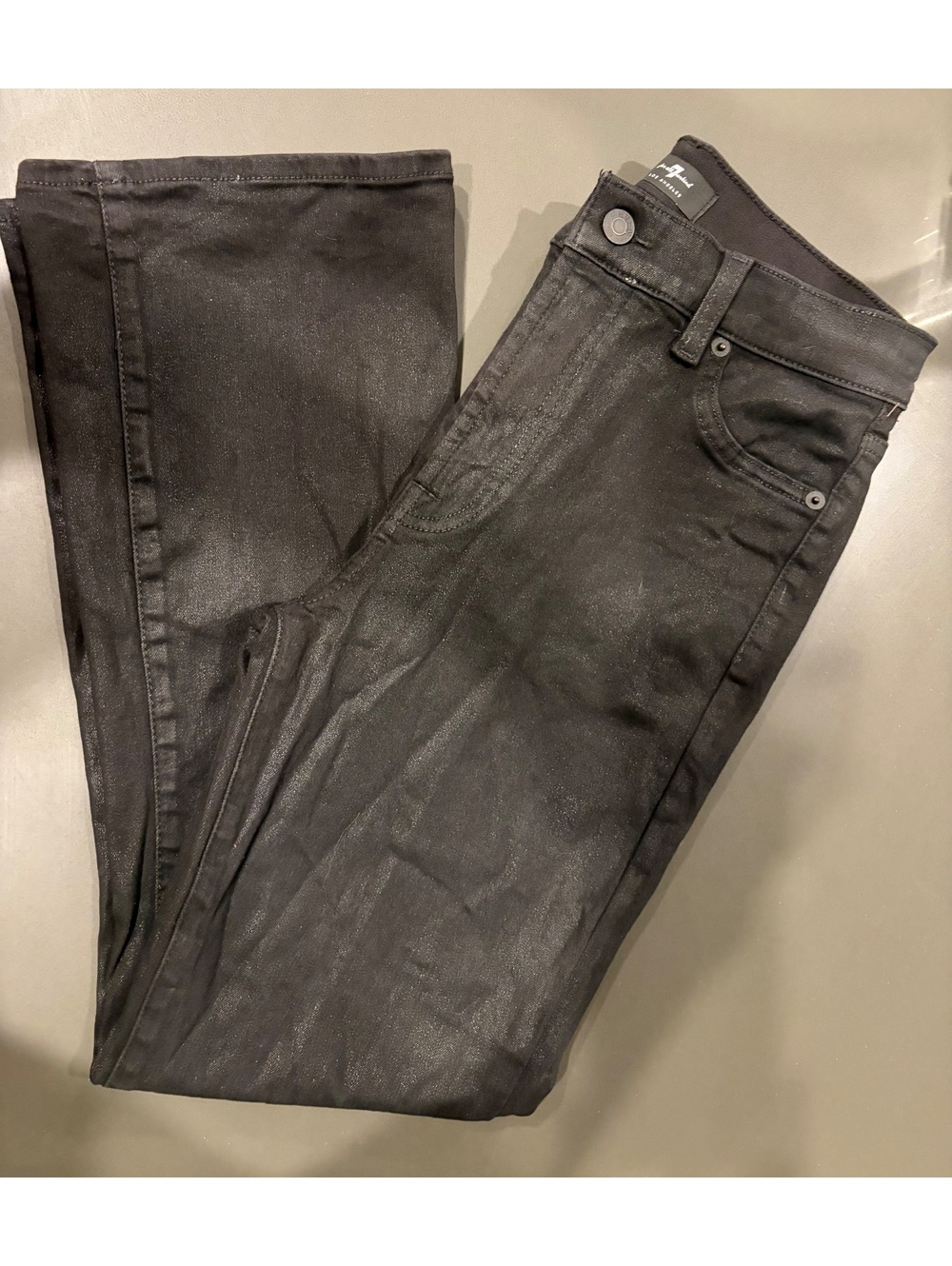 7 For All Mankind Women’s Size 27 Black Coated Denim Jeans Leather Look Bootcut